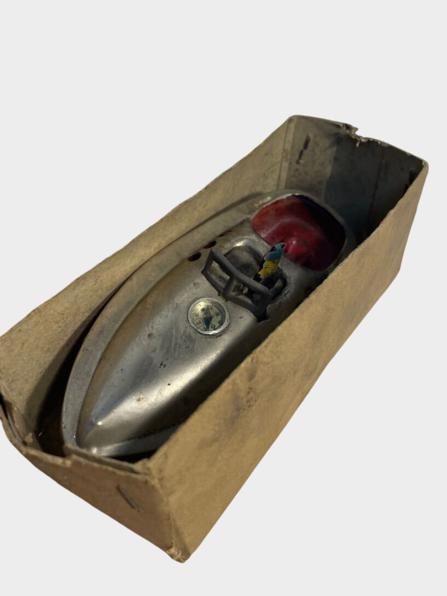 Prewar Japanese Tin Pon-Pon Motor Boat with Driver 1930s Steam Toy