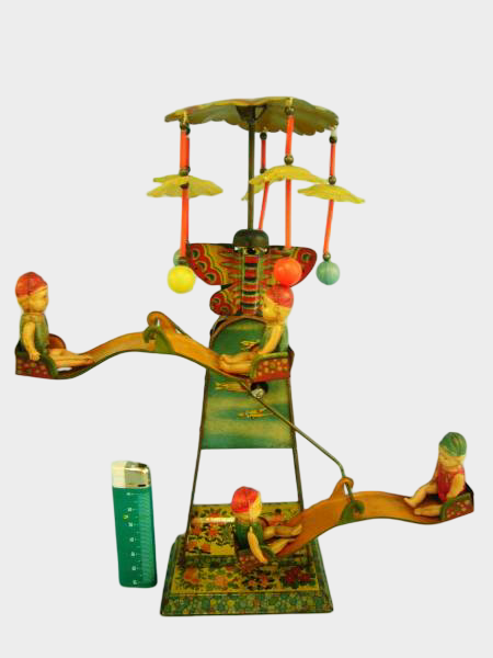 Prewar Japanese Tin Rotating Tower Diorama with Celluloid Figures Wind-Up