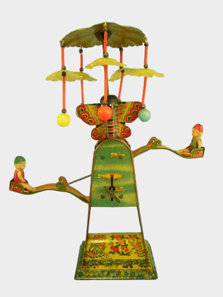 Prewar Japanese Tin Rotating Tower Diorama with Celluloid Figures Wind-Up