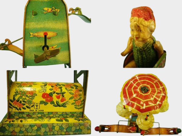 Prewar Japanese Tin Rotating Tower Diorama with Celluloid Figures Wind-Up