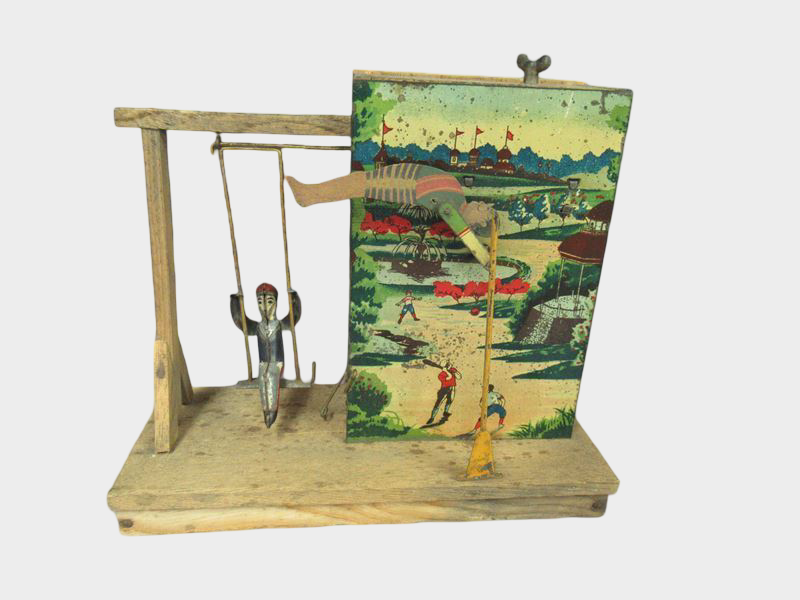 Prewar Japanese Tin Swing Diorama Toy with Scenic Backdrop Meiji Taisho Era