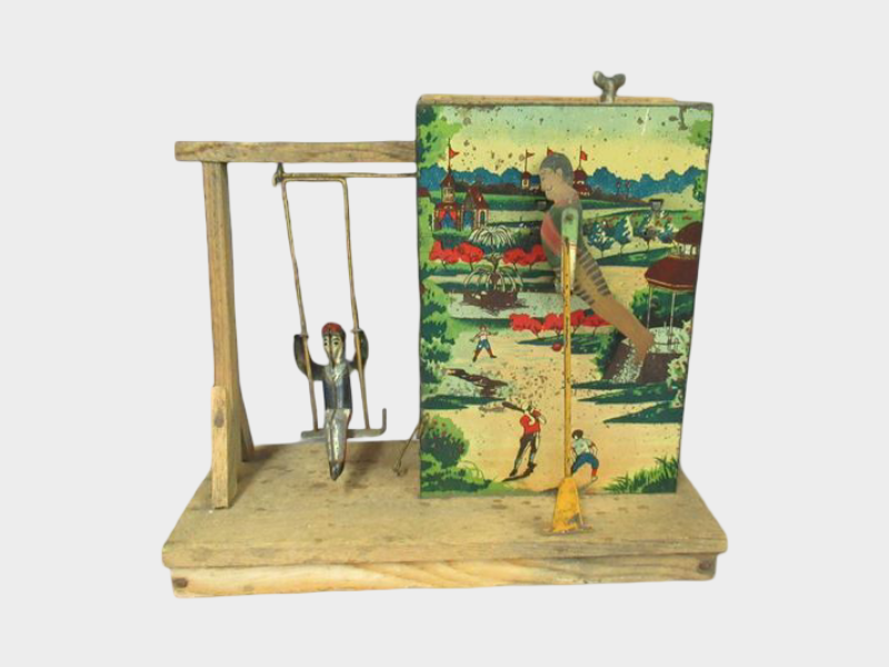Prewar Japanese Tin Swing Diorama Toy with Scenic Backdrop Meiji Taisho Era