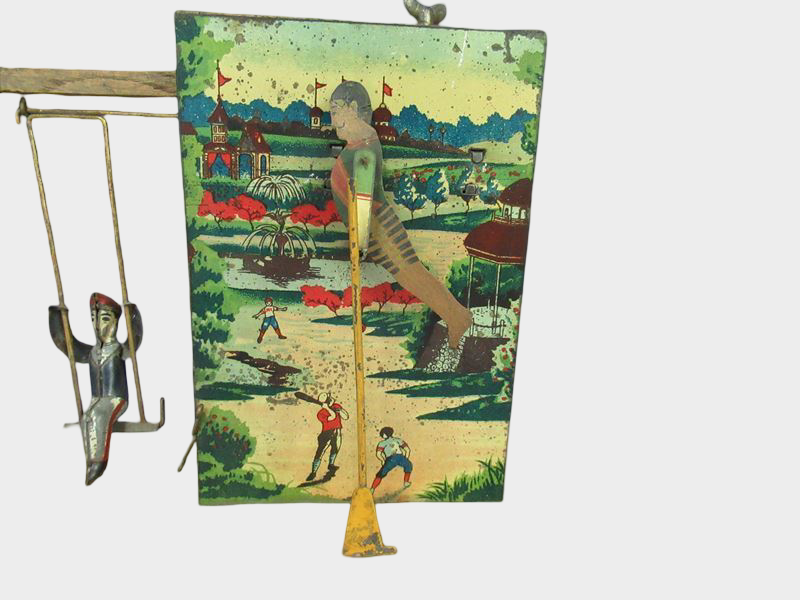 Prewar Japanese Tin Swing Diorama Toy with Scenic Backdrop Meiji Taisho Era