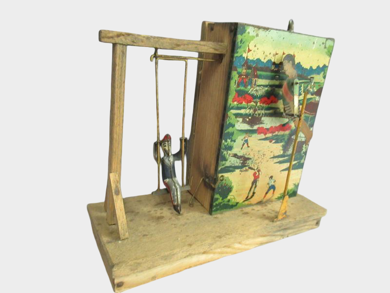 Prewar Japanese Tin Swing Diorama Toy with Scenic Backdrop Meiji Taisho Era