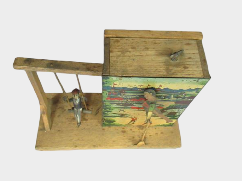 Prewar Japanese Tin Swing Diorama Toy with Scenic Backdrop Meiji Taisho Era