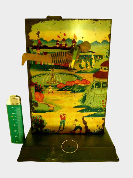 Prewar Japanese Tin Wind-Up Athletic Strength Tester — Scenic Backboard Mechanical Display Toy, Made in Japan