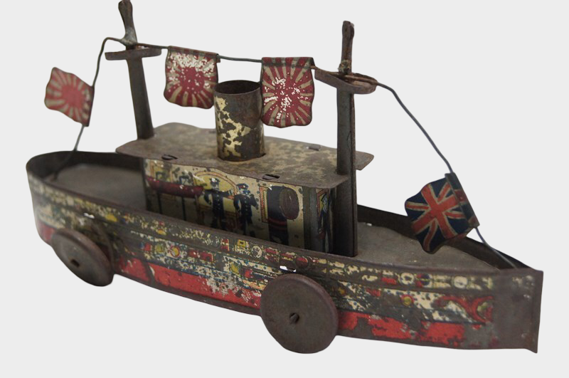 Prewar Japanese Tinplate Passenger Ship with British & Rising Sun Flags  Imperial Era Maritime Toy Artifact