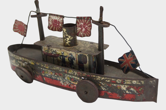 Prewar Japanese Tinplate Passenger Ship with British & Rising Sun Flags  Imperial Era Maritime Toy Artifact