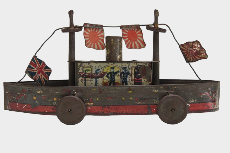Prewar Japanese Tinplate Passenger Ship with British & Rising Sun Flags  Imperial Era Maritime Toy Artifact