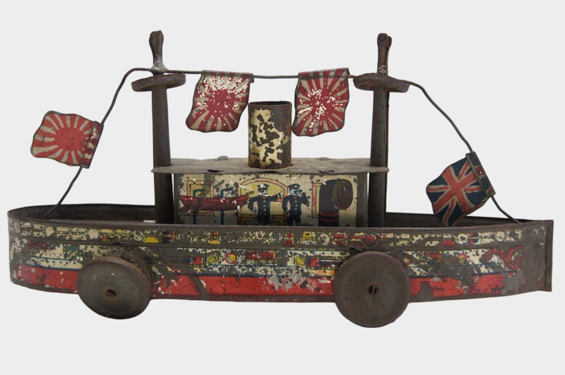 Prewar Japanese Tinplate Passenger Ship with British & Rising Sun Flags  Imperial Era Maritime Toy Artifact