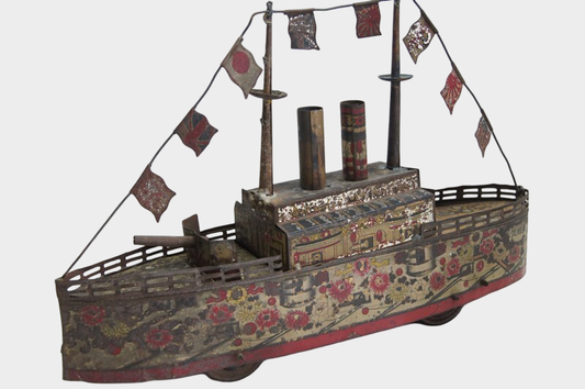 Prewar Meiji Era Japanese Tin Clockwork Battleship “Togo-ban” Naval Commemorative Vessel