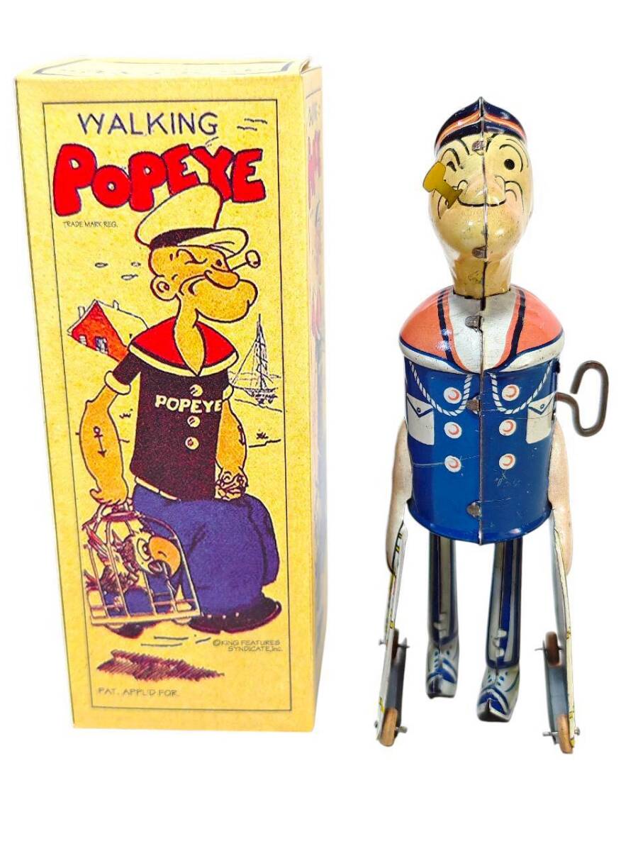Prewar Tin Walking Popeye Wind-Up Toy with Box 1930s Licensed Character