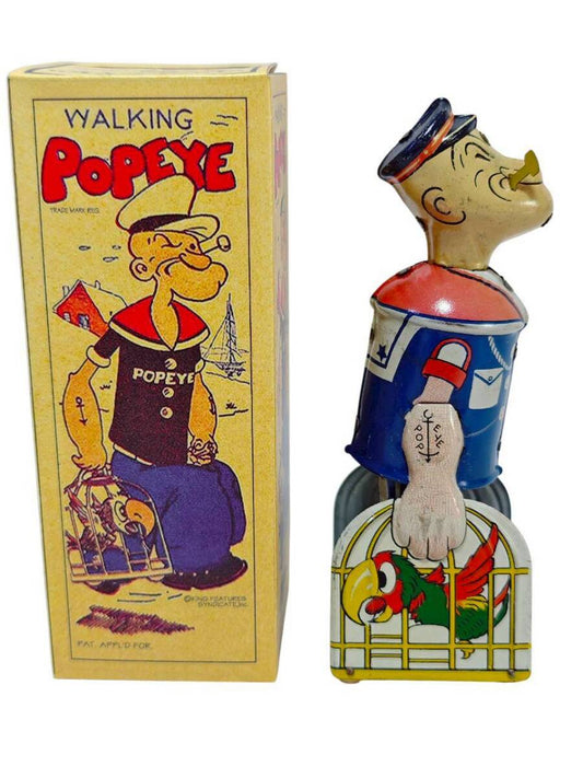 Prewar Tin Walking Popeye Wind-Up Toy with Box 1930s Licensed Character