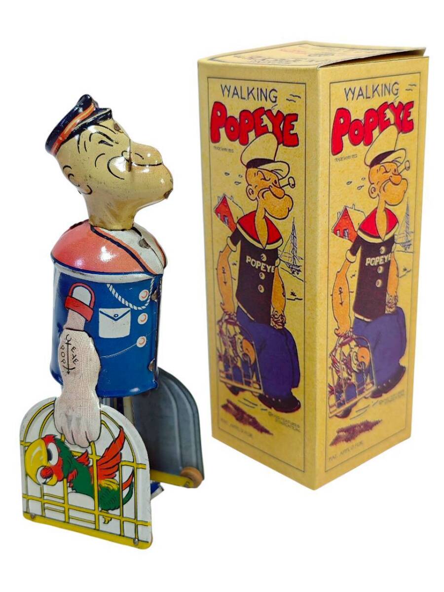 Prewar Tin Walking Popeye Wind-Up Toy with Box 1930s Licensed Character