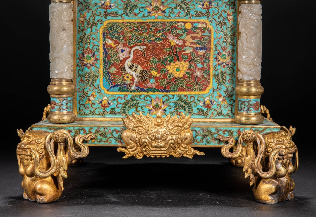 Qing Dynasty–Style Chinese Cloisonné Incense Burner — Jade Lion Finials & Gilt Bronze Mounts — Imperial Court Revival Censer