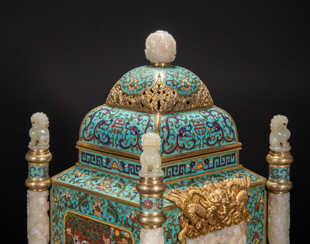 Qing Dynasty–Style Chinese Cloisonné Incense Burner — Jade Lion Finials & Gilt Bronze Mounts — Imperial Court Revival Censer