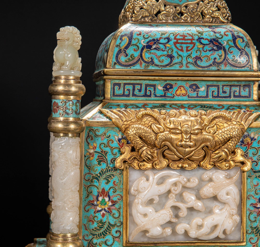 Qing Dynasty–Style Chinese Cloisonné Incense Burner — Jade Lion Finials & Gilt Bronze Mounts — Imperial Court Revival Censer