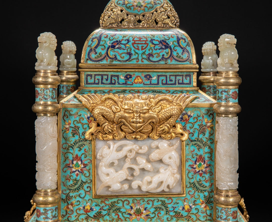 Qing Dynasty–Style Chinese Cloisonné Incense Burner — Jade Lion Finials & Gilt Bronze Mounts — Imperial Court Revival Censer
