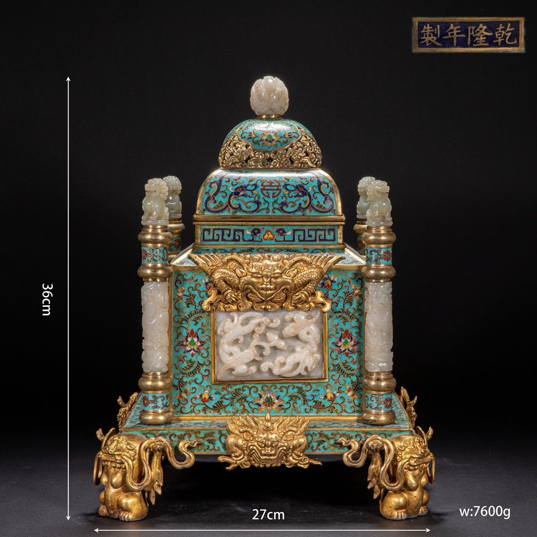 Qing Dynasty–Style Chinese Cloisonné Incense Burner — Jade Lion Finials & Gilt Bronze Mounts — Imperial Court Revival Censer