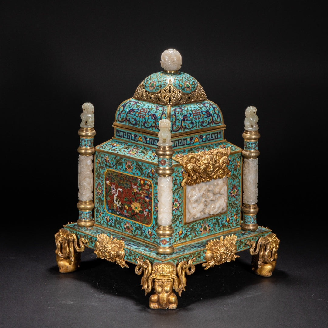 Qing Dynasty–Style Chinese Cloisonné Incense Burner — Jade Lion Finials & Gilt Bronze Mounts — Imperial Court Revival Censer