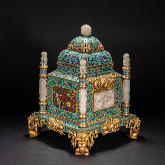 Qing Dynasty–Style Chinese Cloisonné Incense Burner — Jade Lion Finials & Gilt Bronze Mounts — Imperial Court Revival Censer