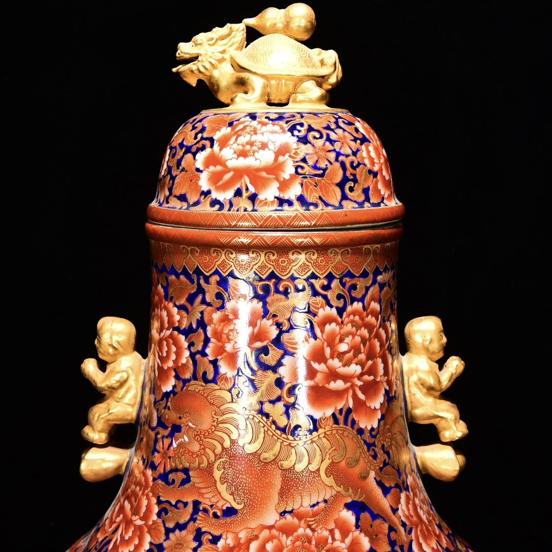 Qing Dynasty-Style Famille Rose & Gilt Dragon-Peony Vase — Monumental 47 cm Porcelain Statement Piece