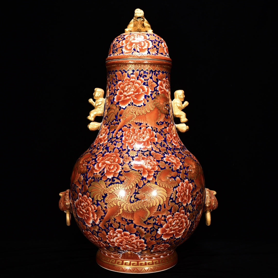 Qing Dynasty-Style Famille Rose & Gilt Dragon-Peony Vase — Monumental 47 cm Porcelain Statement Piece