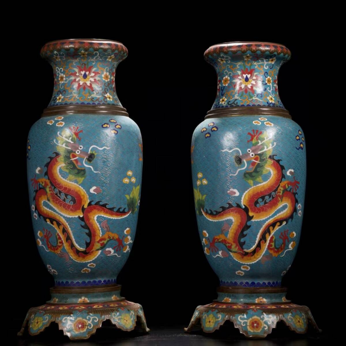Qing Dynasty Chinese Cloisonné Enamel Dragon Vase Pair — Turquoise Ground, Imperial Style, 52cm Tall