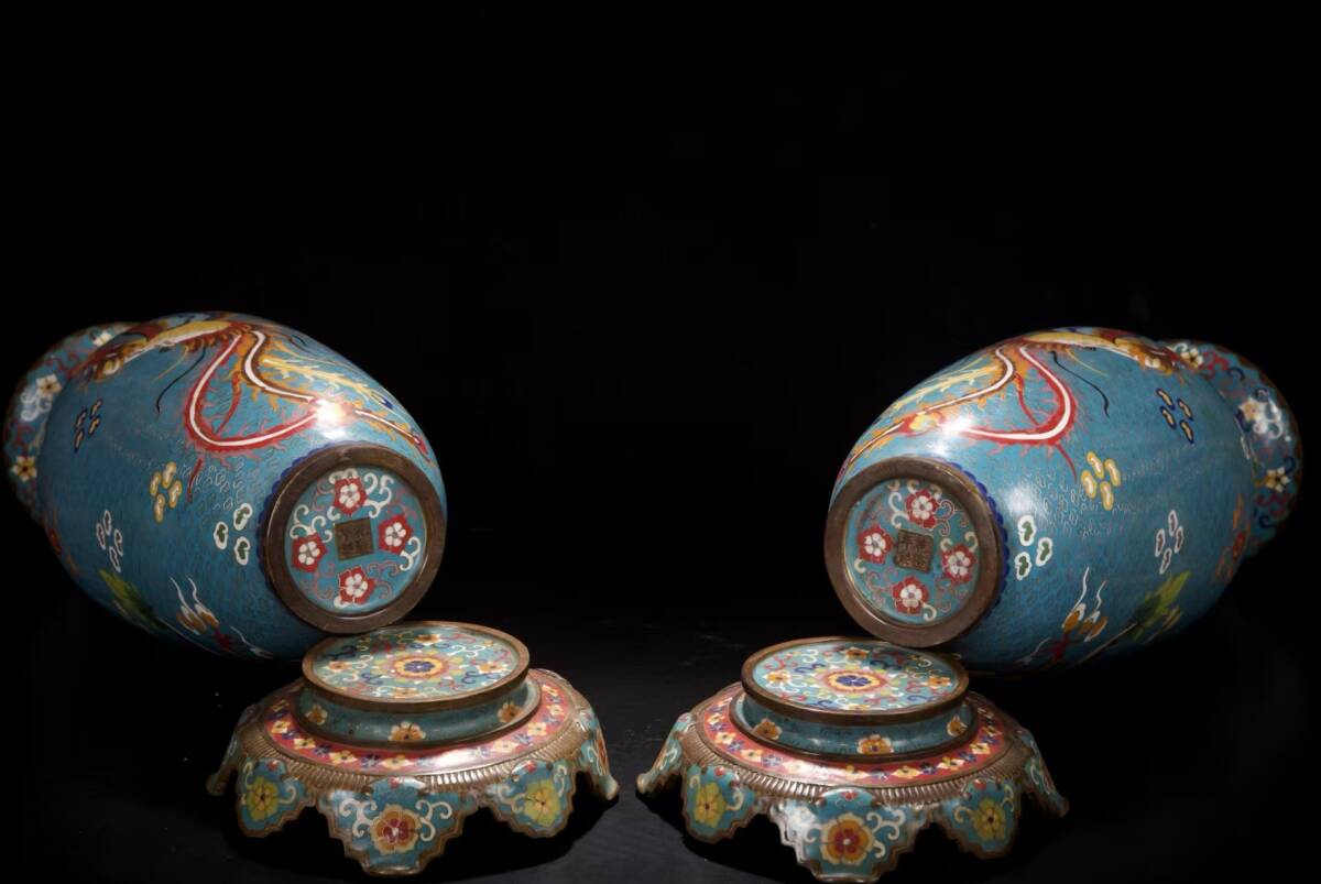Qing Dynasty Chinese Cloisonné Enamel Dragon Vase Pair — Turquoise Ground, Imperial Style, 52cm Tall