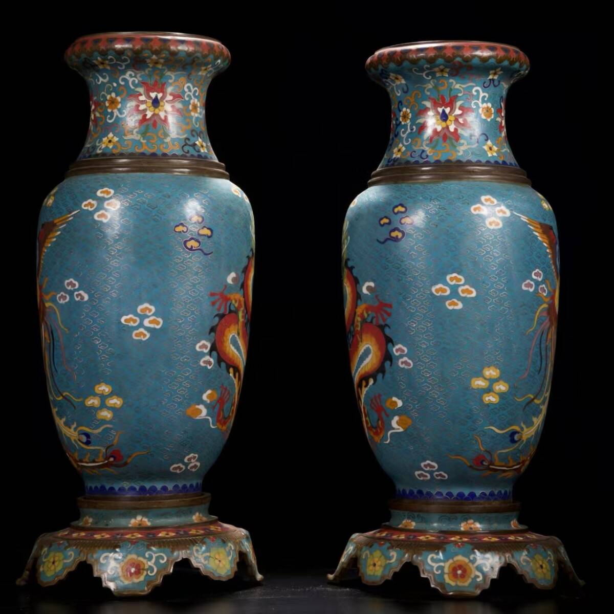 Qing Dynasty Chinese Cloisonné Enamel Dragon Vase Pair — Turquoise Ground, Imperial Style, 52cm Tall