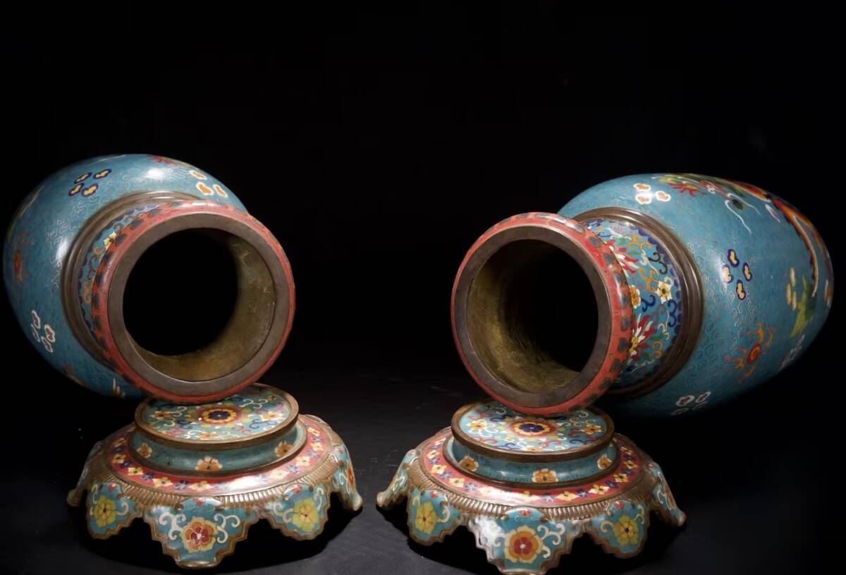 Qing Dynasty Chinese Cloisonné Enamel Dragon Vase Pair — Turquoise Ground, Imperial Style, 52cm Tall
