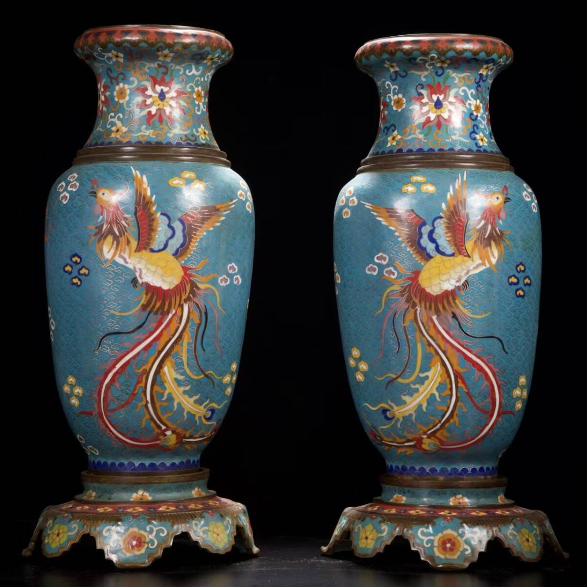 Qing Dynasty Chinese Cloisonné Enamel Dragon Vase Pair — Turquoise Ground, Imperial Style, 52cm Tall