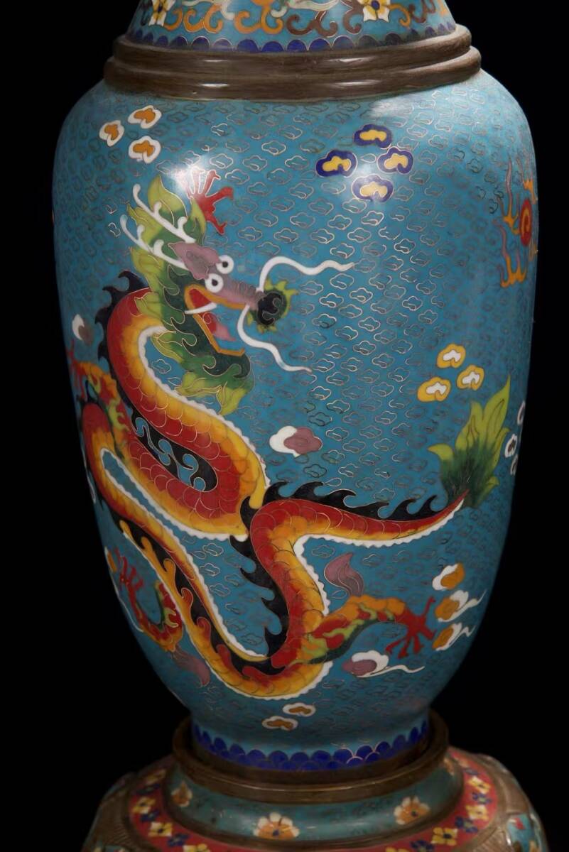 Qing Dynasty Chinese Cloisonné Enamel Dragon Vase Pair — Turquoise Ground, Imperial Style, 52cm Tall