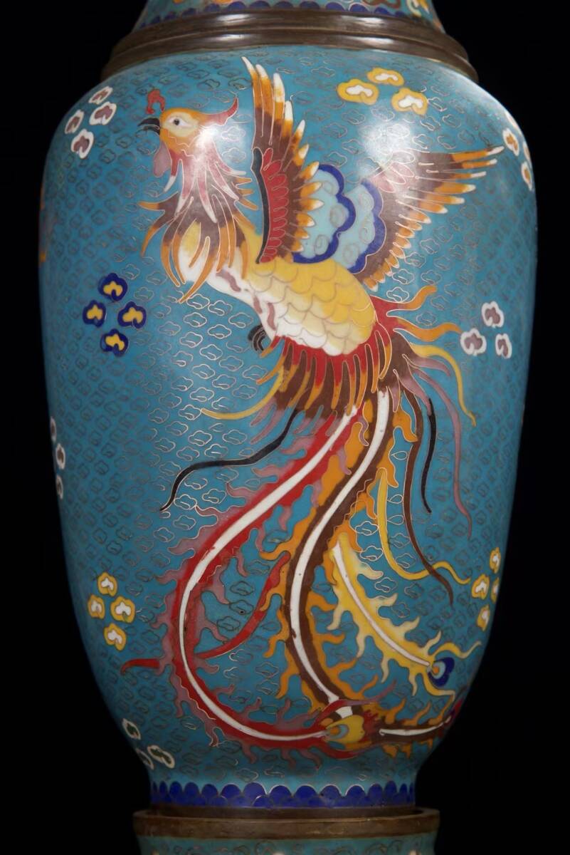 Qing Dynasty Chinese Cloisonné Enamel Dragon Vase Pair — Turquoise Ground, Imperial Style, 52cm Tall