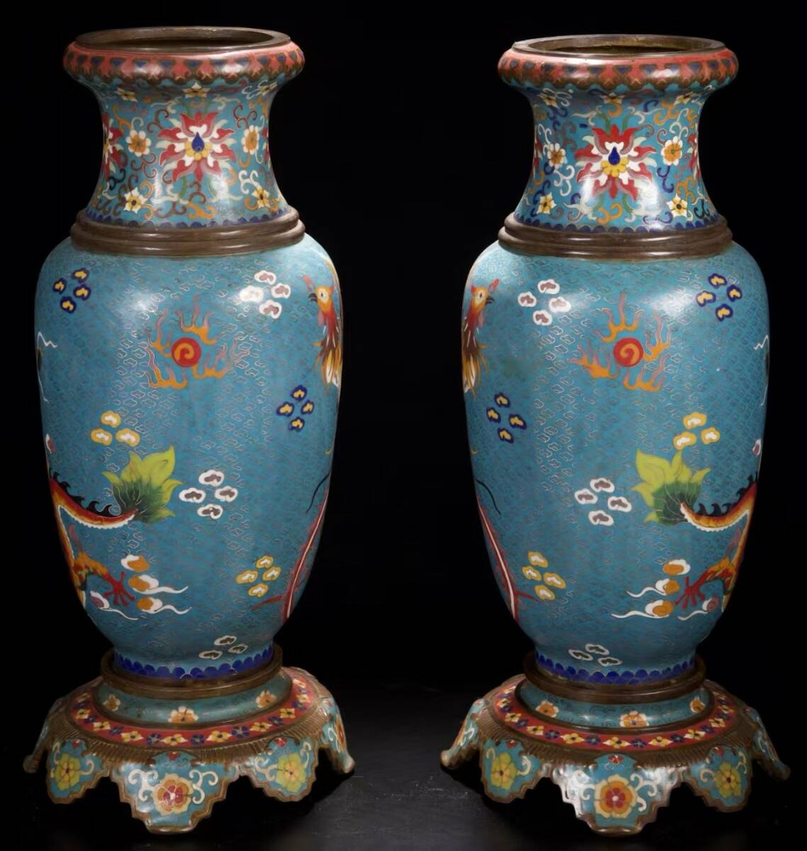 Qing Dynasty Chinese Cloisonné Enamel Dragon Vase Pair — Turquoise Ground, Imperial Style, 52cm Tall