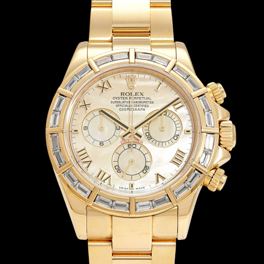 Rolex Daytona 116568BR Yellow Gold Baguette Diamond Bezel MOP Dial Chronograph — High Jewellery Men’s Watch