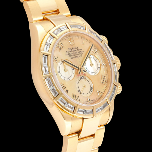 Rolex Daytona 116568BR Yellow Gold Baguette Diamond Bezel MOP Dial Chronograph — High Jewellery Men’s Watch