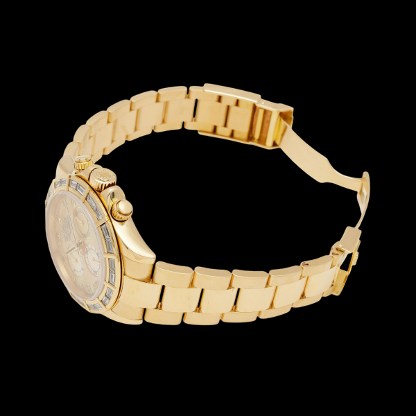 Rolex Daytona 116568BR Yellow Gold Baguette Diamond Bezel MOP Dial Chronograph — High Jewellery Men’s Watch