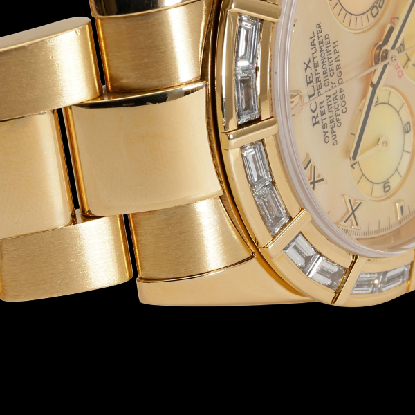 Rolex Daytona 116568BR Yellow Gold Baguette Diamond Bezel MOP Dial Chronograph — High Jewellery Men’s Watch