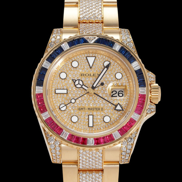 Rolex GMT-Master II 116758SARU Sapphire Ruby SARU Pavé Diamond 18K Yellow Gold Champagne Dial Luxury Men’s Watch