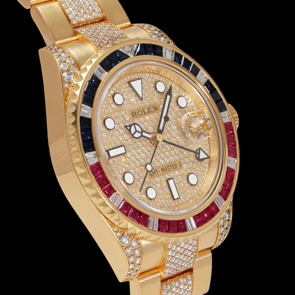 Rolex GMT-Master II 116758SARU Sapphire Ruby SARU Pavé Diamond 18K Yellow Gold Champagne Dial Luxury Men’s Watch