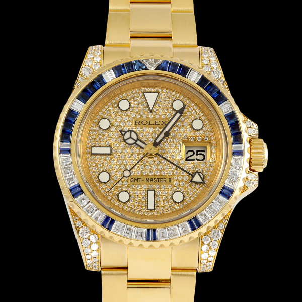 Rolex GMT-Master II 116758SA Full Pavé Diamond Dial × Sapphire Bezel × 18K Yellow Gold – High Jewelry GMT – Collector-Grade Investment Piece