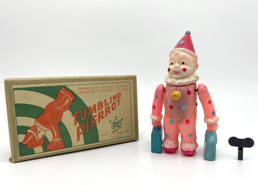 Rare 1940s Occupied Japan Tumbling Pierrot Celluloid Mechanical Toy Boxed