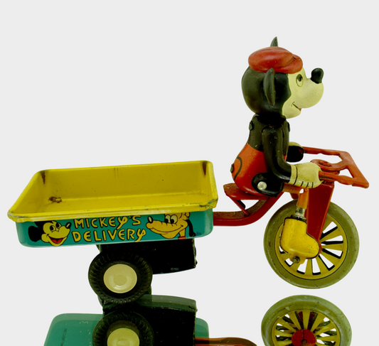 1950s Line Mar Mickey Mouse Delivery Tricycle — Japanese Celluloid & Tin Disney Export Toy