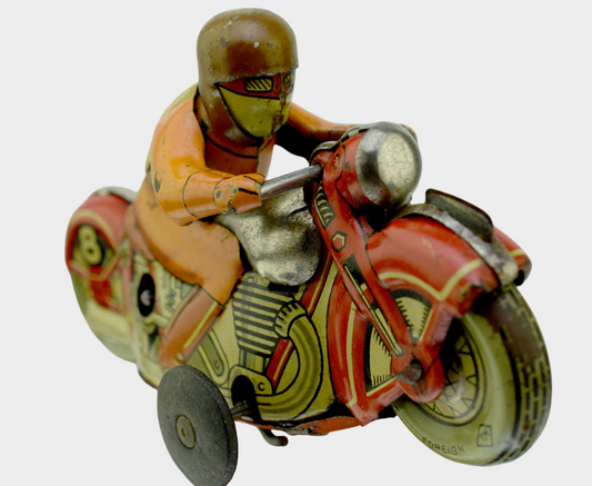1950s T.N. Nomura Tin Motorcycle with Rider — Japanese Wind-Up Toy after Schuco