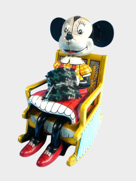 Early Japanese Minnie Mouse Rocking Chair Tin Toy — Spring-Driven Mechanical Disney Figure