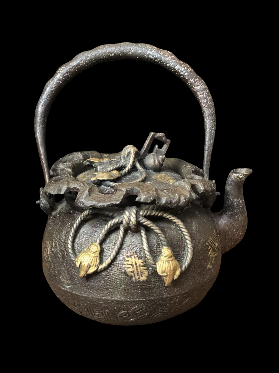 Rare Japanese Bronze Tetsubin Teapot — Treasure Sack Motif — Antique Tea Ceremony Kettle