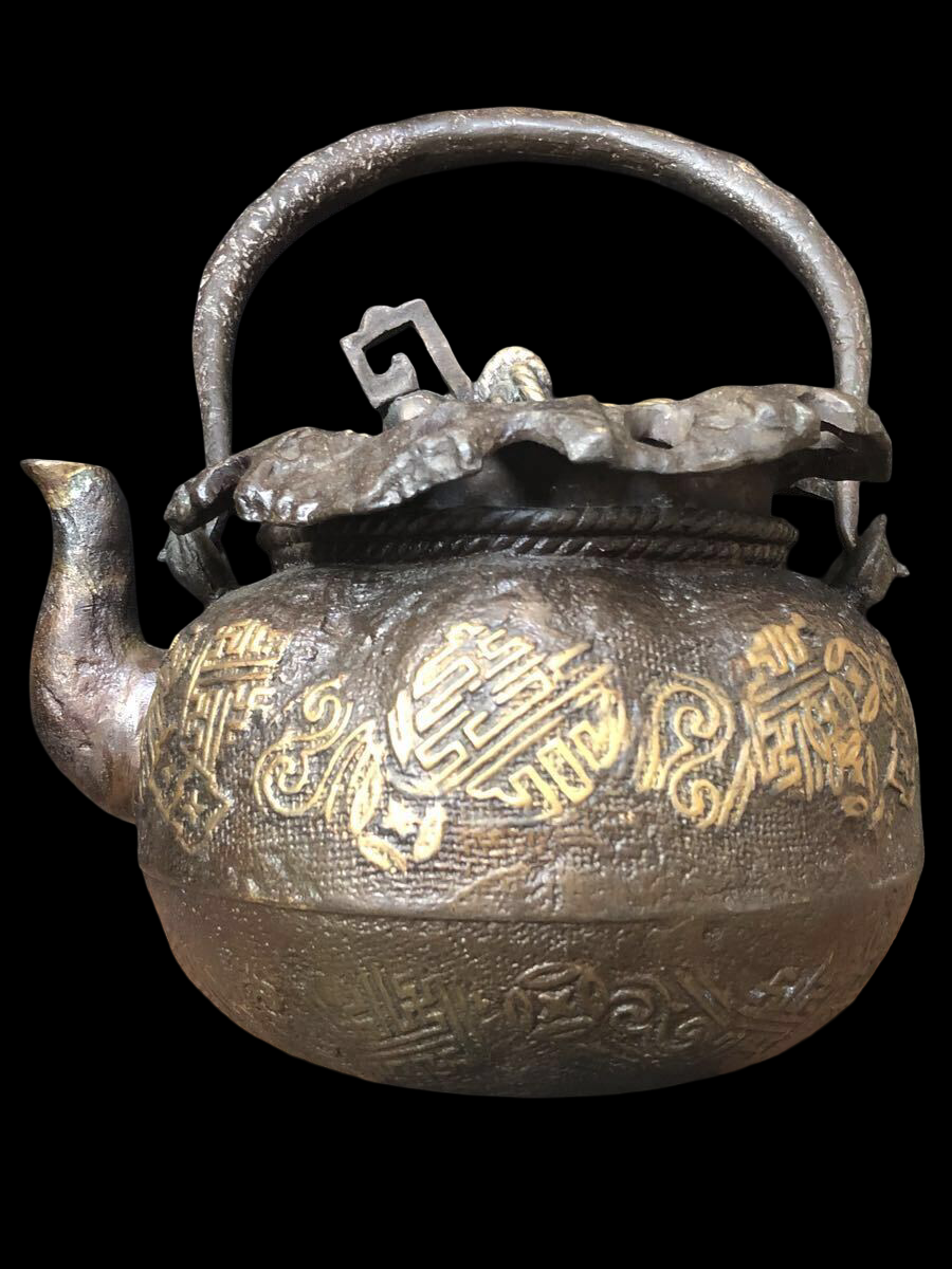 Rare Japanese Bronze Tetsubin Teapot — Treasure Sack Motif — Antique Tea Ceremony Kettle