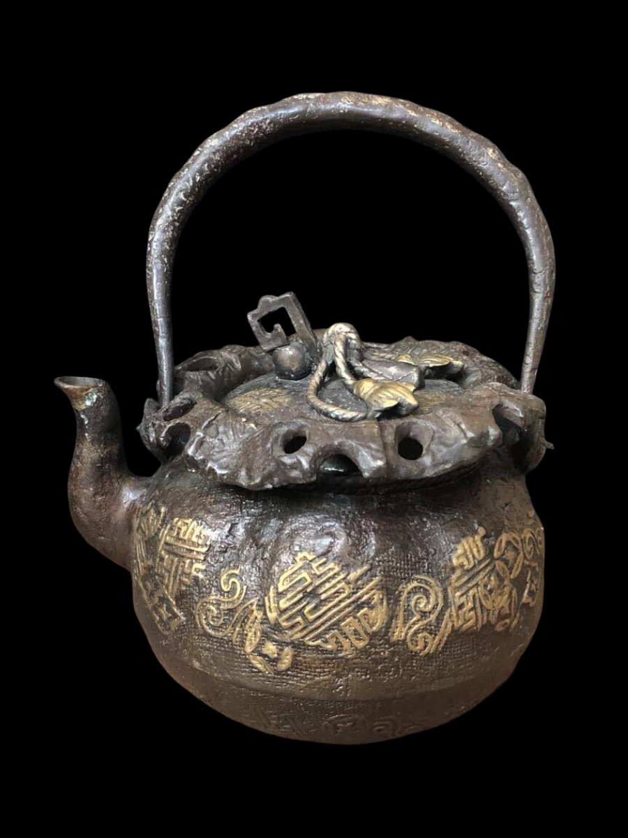 Rare Japanese Bronze Tetsubin Teapot — Treasure Sack Motif — Antique Tea Ceremony Kettle