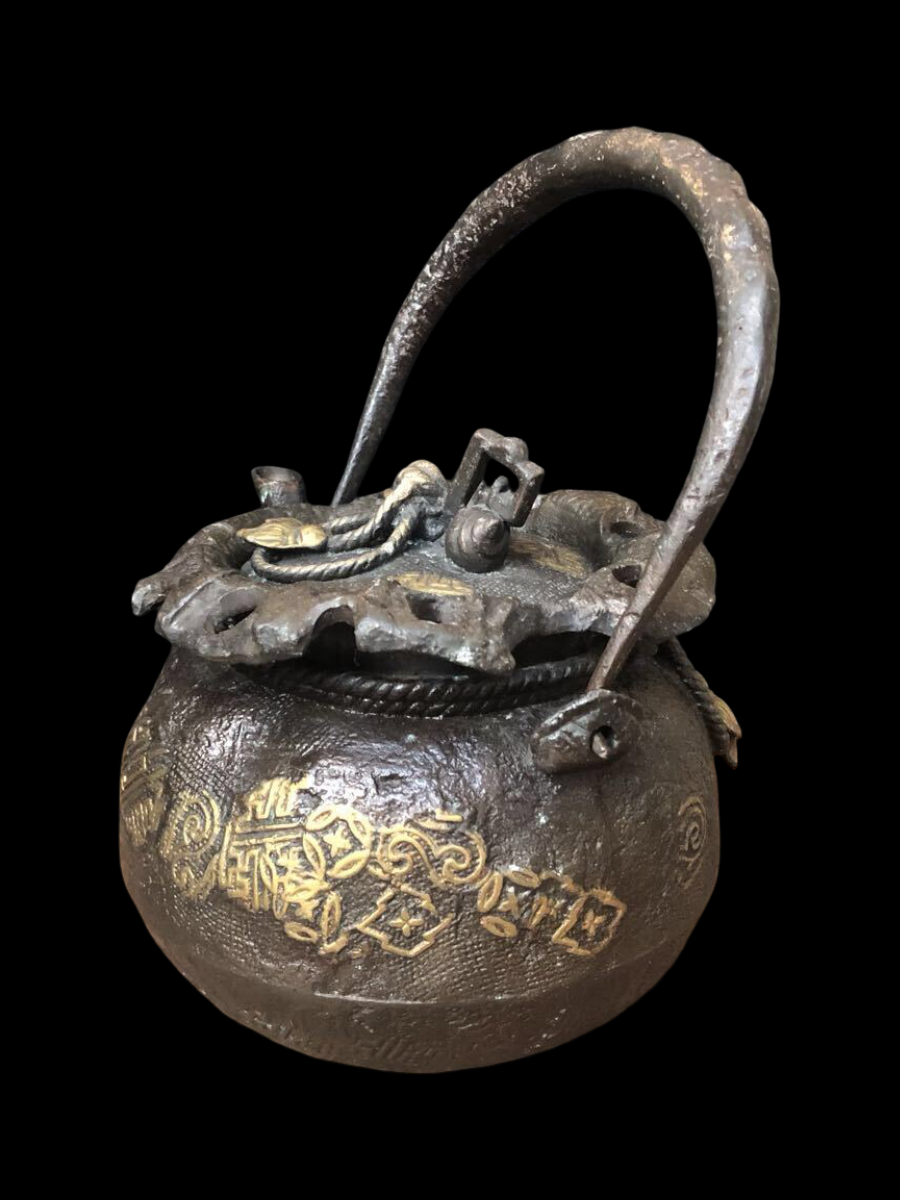 Rare Japanese Bronze Tetsubin Teapot — Treasure Sack Motif — Antique Tea Ceremony Kettle